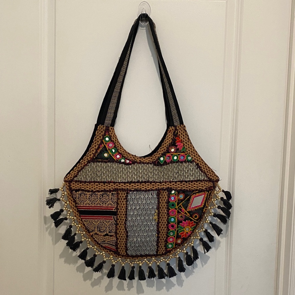 Boho Embroidered Patchwork Tote Bag in Black and Brown